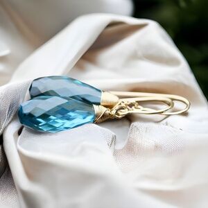 Light London Blue Topaz Earrings Wire Wrapped 14k Yellow Gold Filled